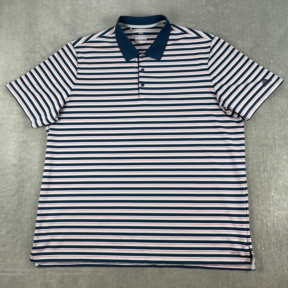 Adidas Mens 2XL Navy Blue Striped Golf Polo Shirt Short Sleeve Performance